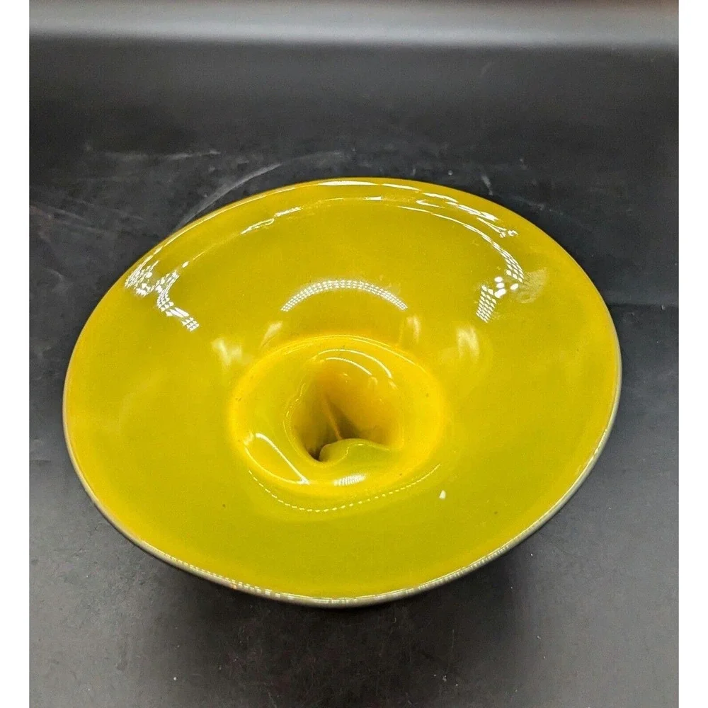 Vintage Bohemian Tango Glass Yellow Black Footed Bowl Compote 6.75